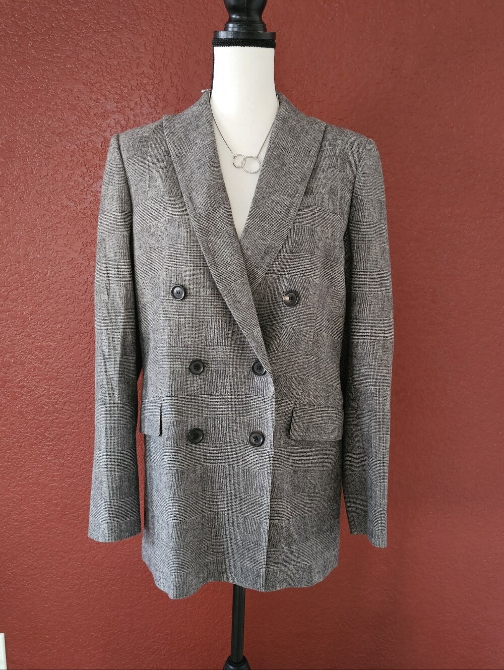 Classic Double-Breasted Grey Plaid Blazer Jacket